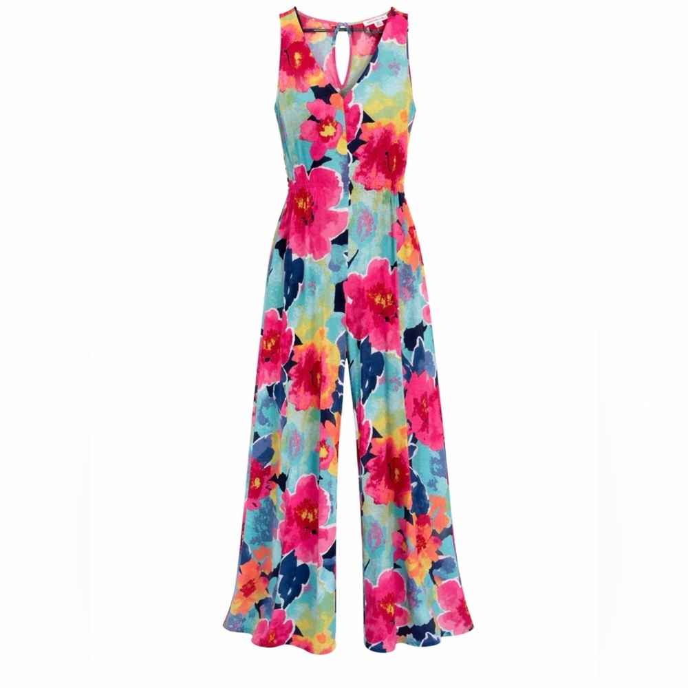 Onetheland Floral Wide Leg Jumpsuit Sleeveless Keyhole Back Size S